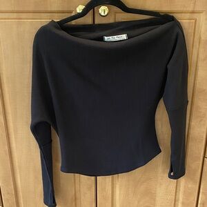 We The Free Black waffle Knit Top. draped asymmetrical neck.thumb hole sleeves